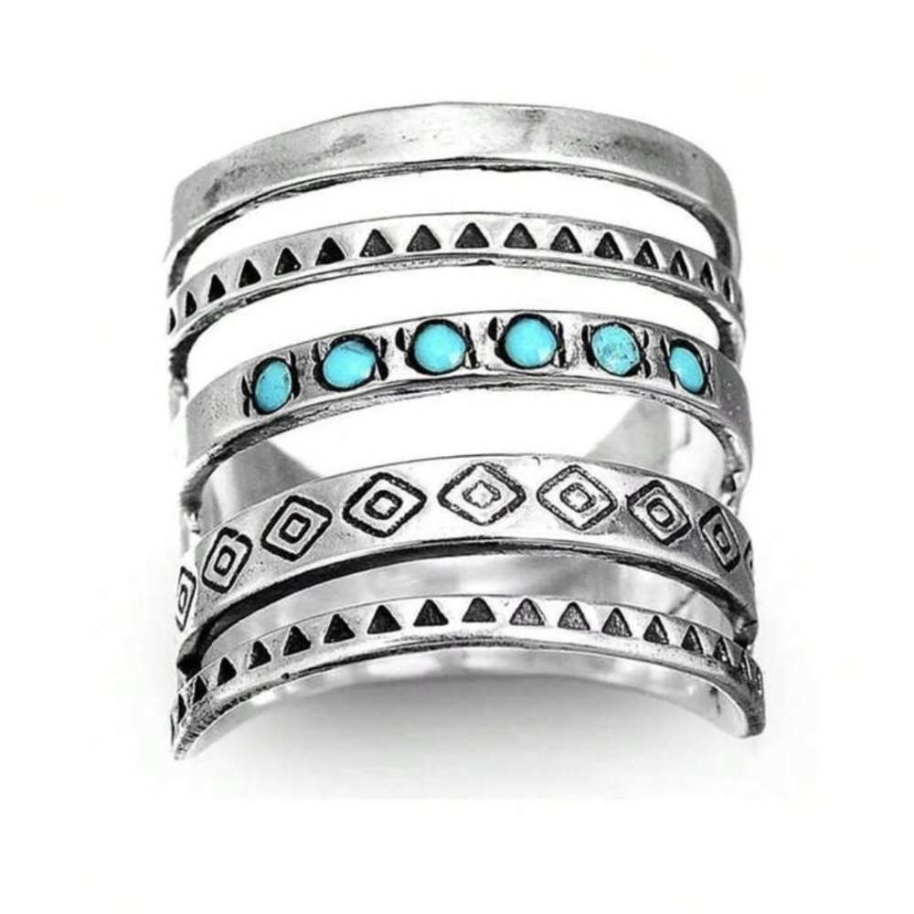 Boho Turqouise 5 Layered Silver Plated Ring - Picture 2 of 10
